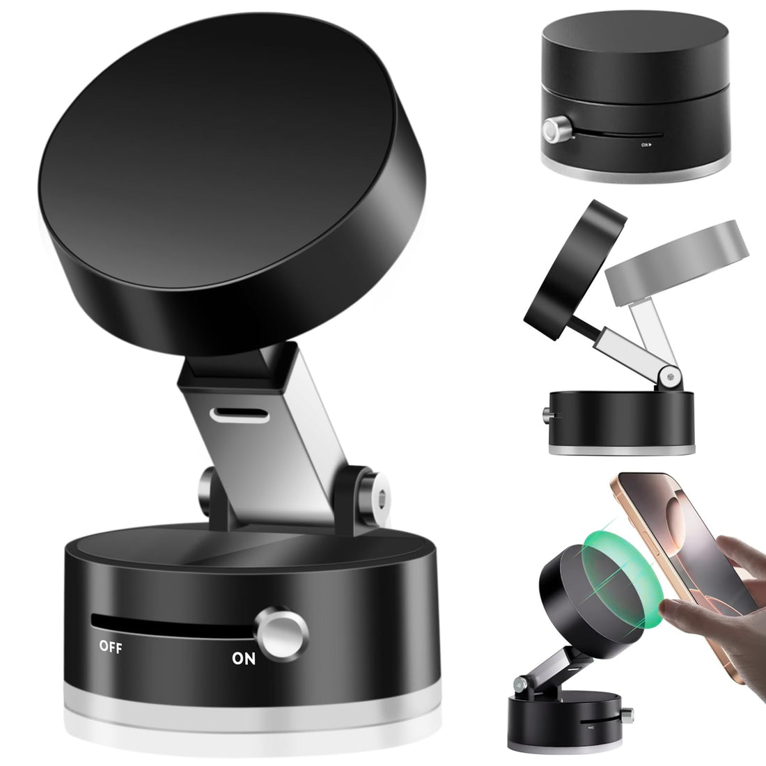 Vacuum Suction Magnetic Phone Mount,Double Sided Magnetic Suction Cup Phone Mount for Car/Mirror/Smooth Surface Foldable and Retractable Universal Magnetic Cell Phone Holder for All Phones Black