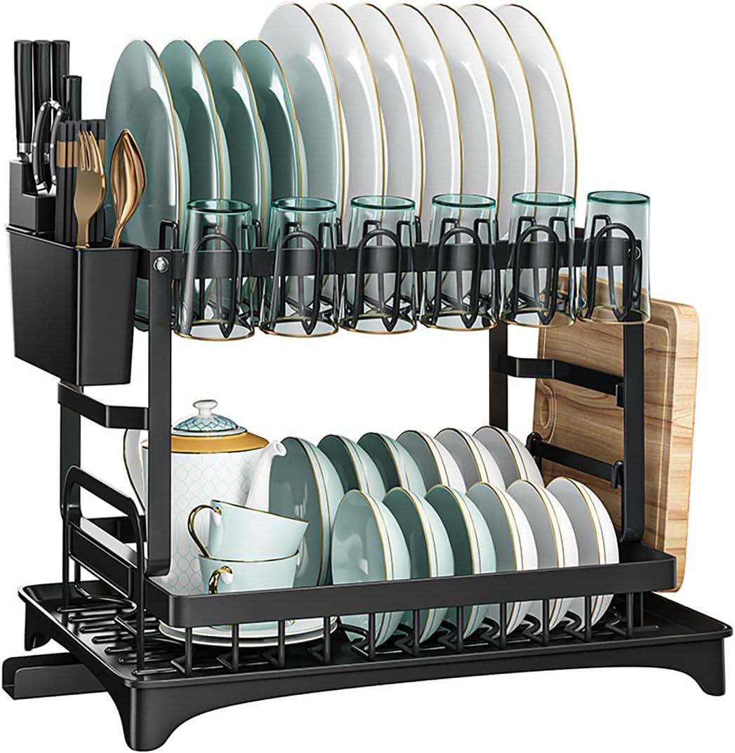 Dish Drying Rack 2 Tier Dish Rack Dish Drying Stand with Utensil Holder & Drainboard Tray & Cutting Board Holder, Large Capacity Dish Drainer Collapsible Rust-Resistant Dish Rack for Kitchen