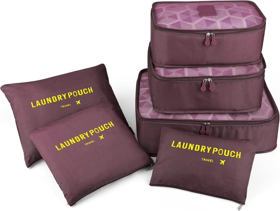 6 Piece Travel Luggage Organizers and Accessories Set Waterproof Storage Bags Laundry Bags, Grey, Synthetic (Maroon)