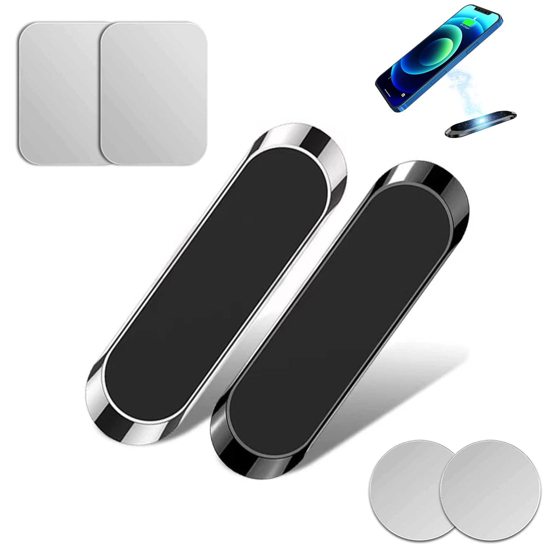 2 Packs Magnetic Car Phone Holder, 360 ° Rotatable Car Phone Mount with Super Strong Sticky Magnet Car Mounts, Compatible with iPhone Huawei Samsung etc (Black+Silver)