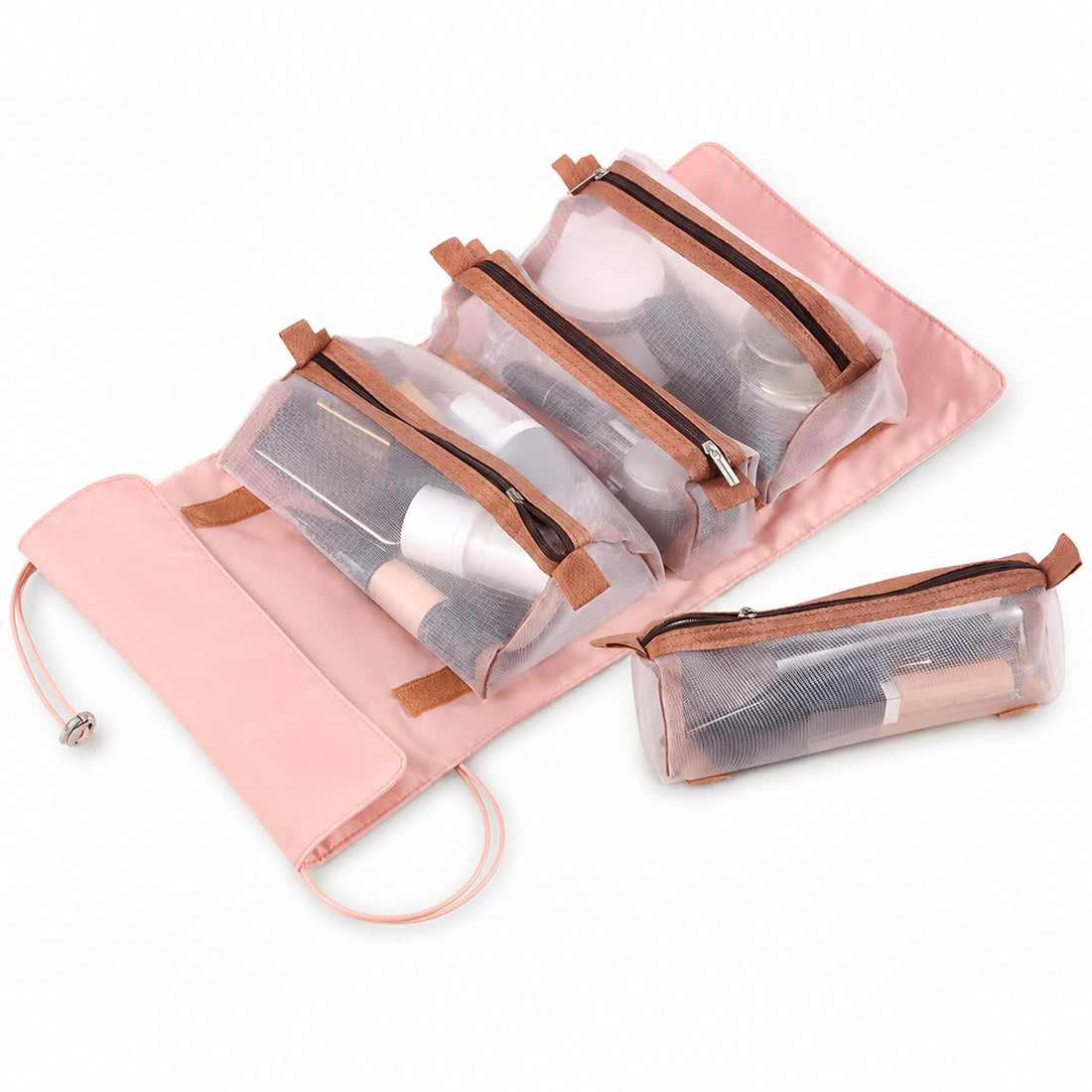 Women’s Roll-Up Makeup Organizer Bag with 4 Transparent Storage Compartments, Travel Cosmetic Case with Strong Hook and Loop Fastening & Premium Satin Finish
