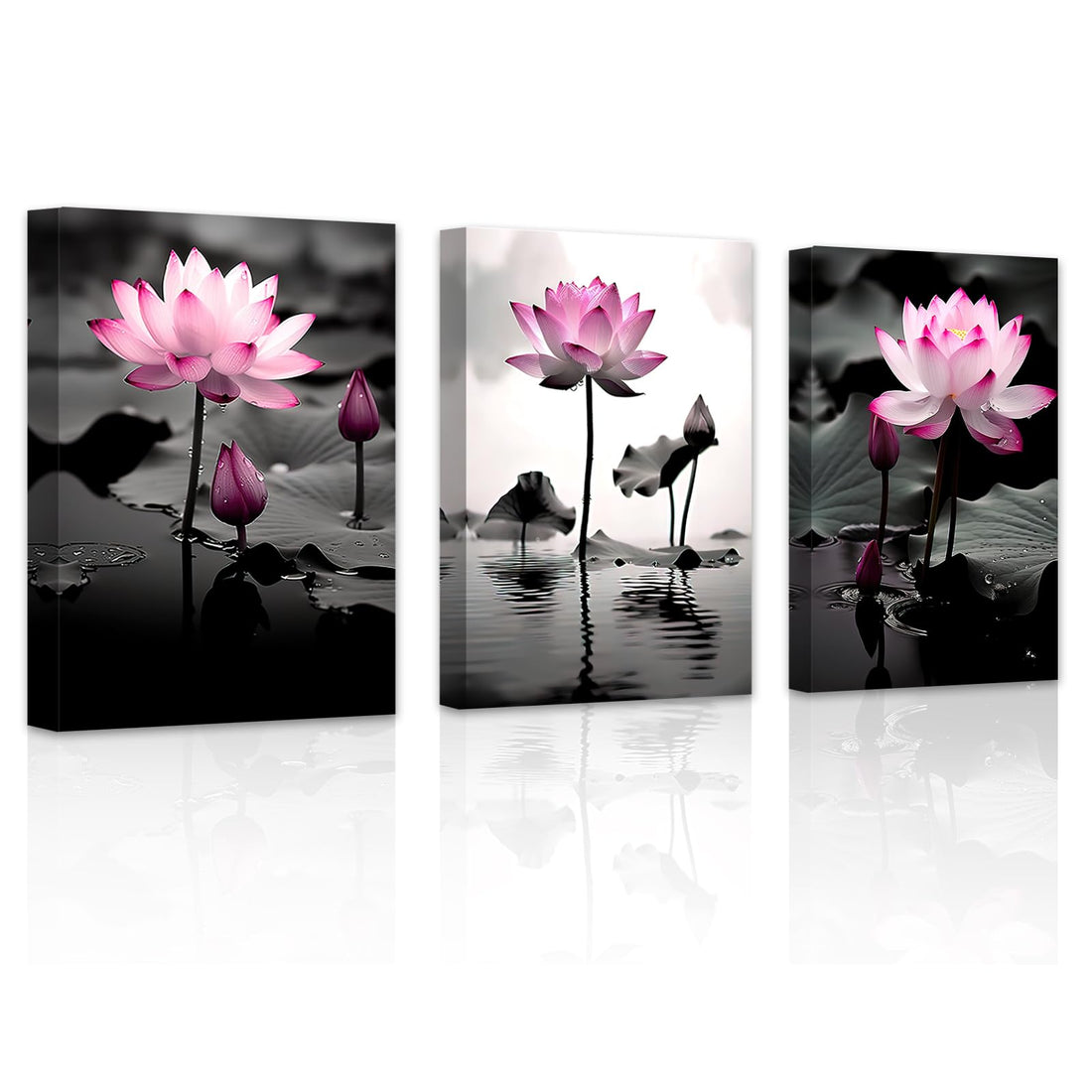 LZIMU Zen Lotus Flower Wall Art 3 Panels Black and White and Pink Water Lilies Pictures Canvas Prints Bathroom Decor for Yoga Studio Meditation Spa Room Framed (Zen-1, 12.00"x16.00"x3)