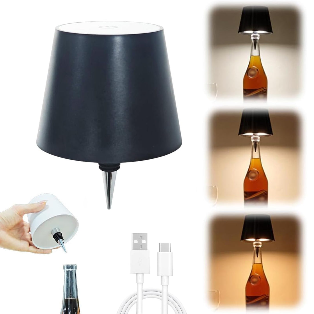 Wireless Bottle Lamp, Portable LED Wireless Bottle Lamp with 3 Modes Light Dimming, Rechargeable Wine Bottle Light Head, Touch Table Lamp for Bedroom, Fathers Day Birthday Christmas Gifts (Black)