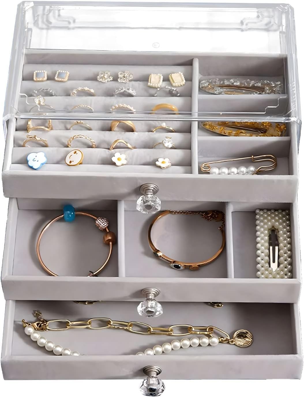 SWOPPLY 3 Layer Jewelry Organizer Earring Storage Box,Acrylic Body Jewellery Organizer Drawers,10 Compartment,7 Ear Studs,Transparent Display Storage Case for Earrings Necklace Ring Bracelet Woman