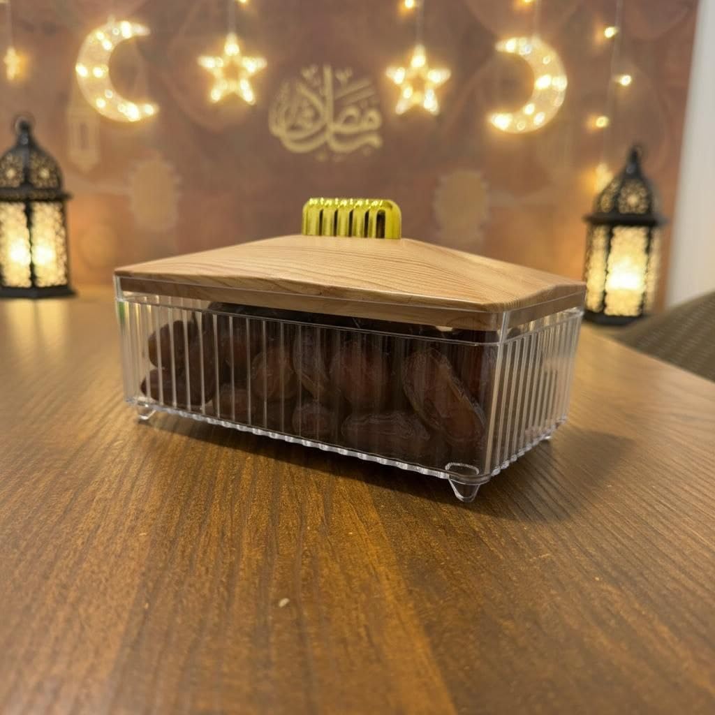 Luxury Acrylic Storage Box with Wooden Lid and Gold Handle, Modern Serving Container for Snacks, Dates, Nuts, and Desserts, Home & Party Use (One pack)
