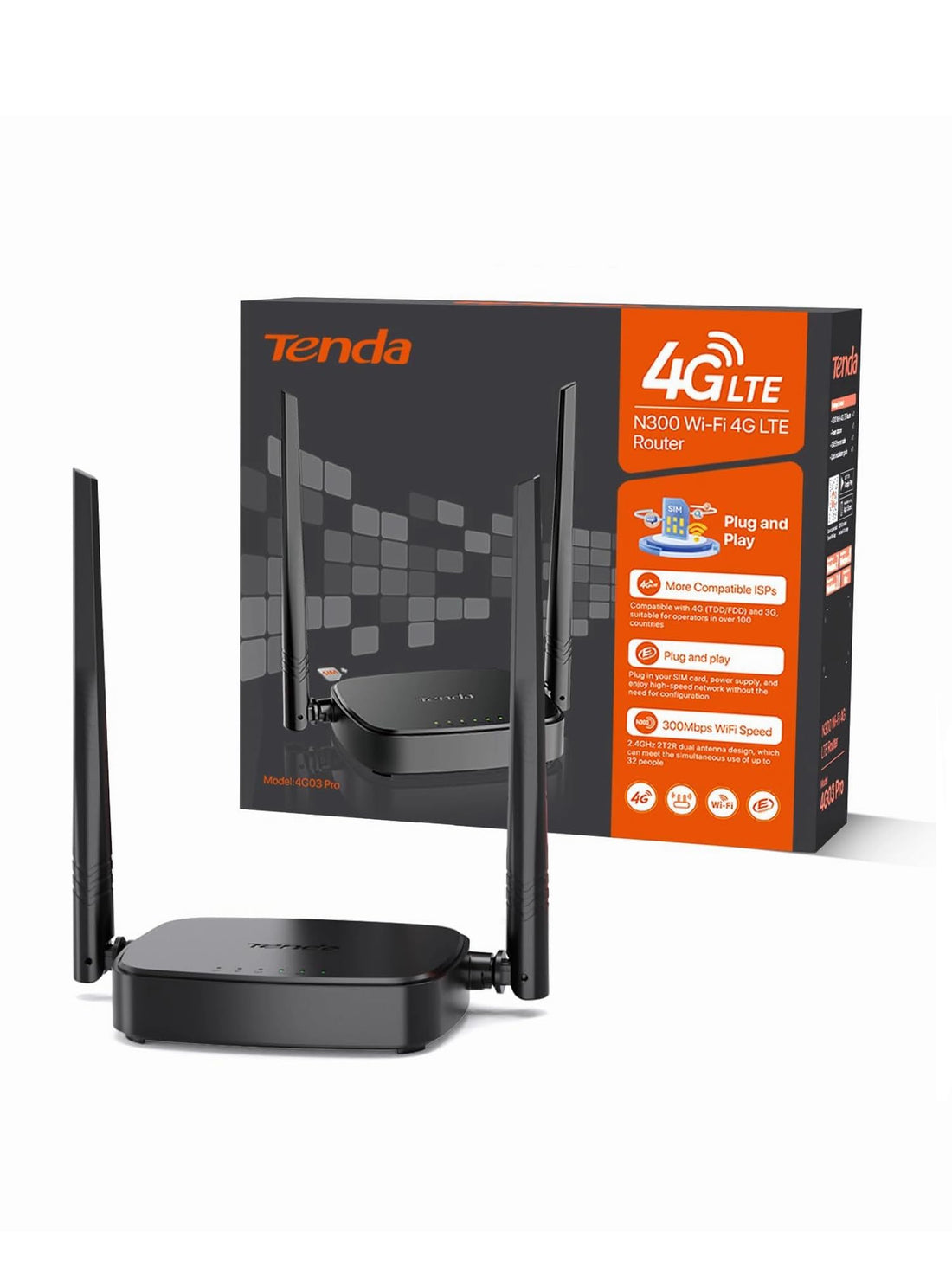 Tenda 4G/3G LTE Router - N300 WiFi Router Support Power Bank - Nano SIM Compatible with 100+ Countries - 2*Antenna - Portable & Plug and Play【4G03 Pro】