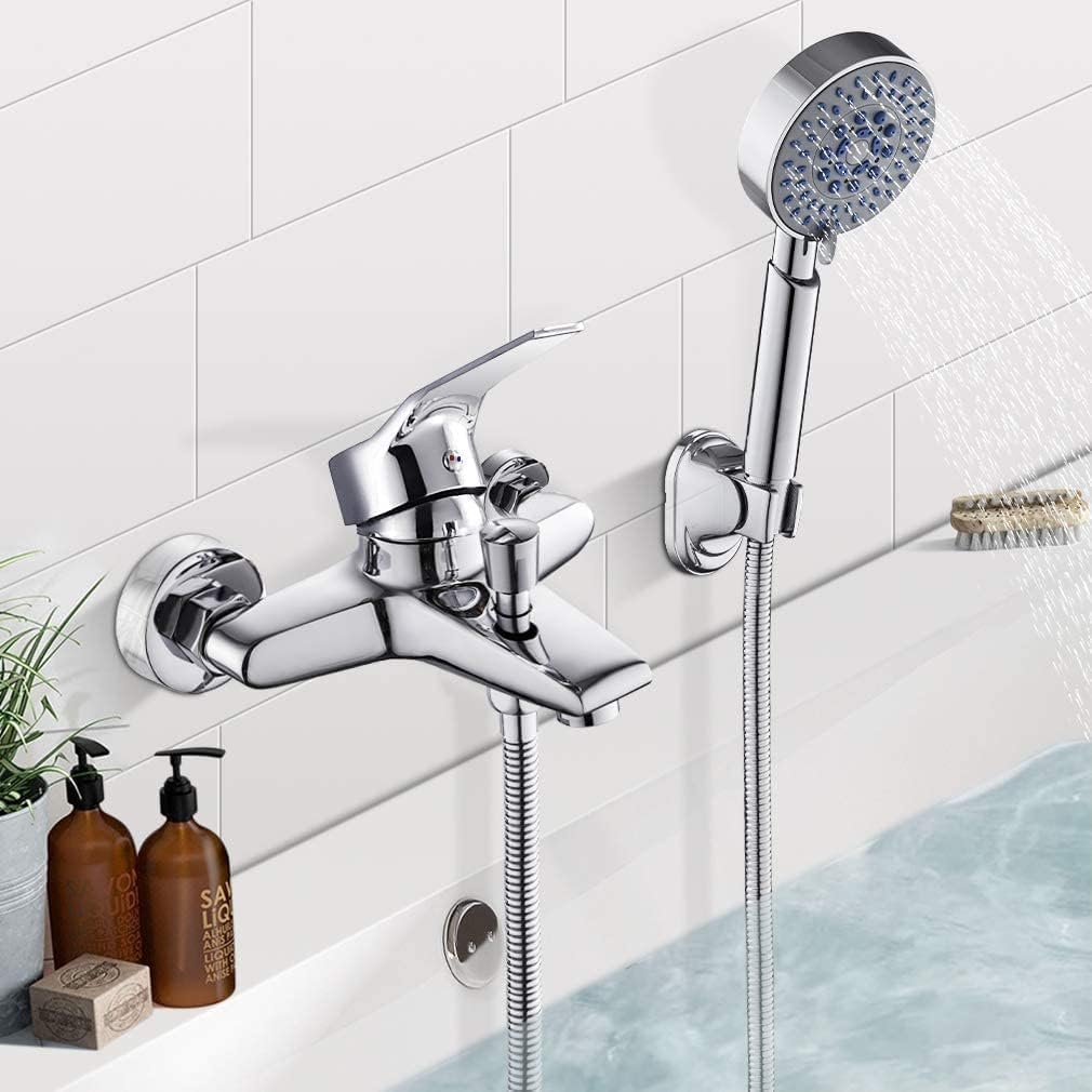 Bath Shower Mixer (Bath Mixer with Hand Shower 5 Spray Modes, Matte Silver)
