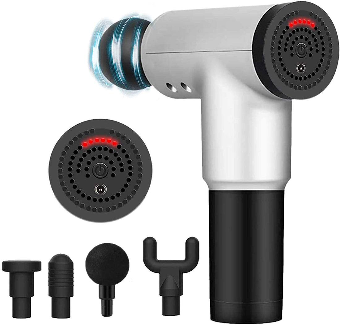 Arabest Massage Gun Deep Tissue Percussion Electric Muscle Massager, Portable Handheld Ultra-Quiet Brushless Motor, Relieves Muscle Tension, Including 4 Massage Heads (Silver)