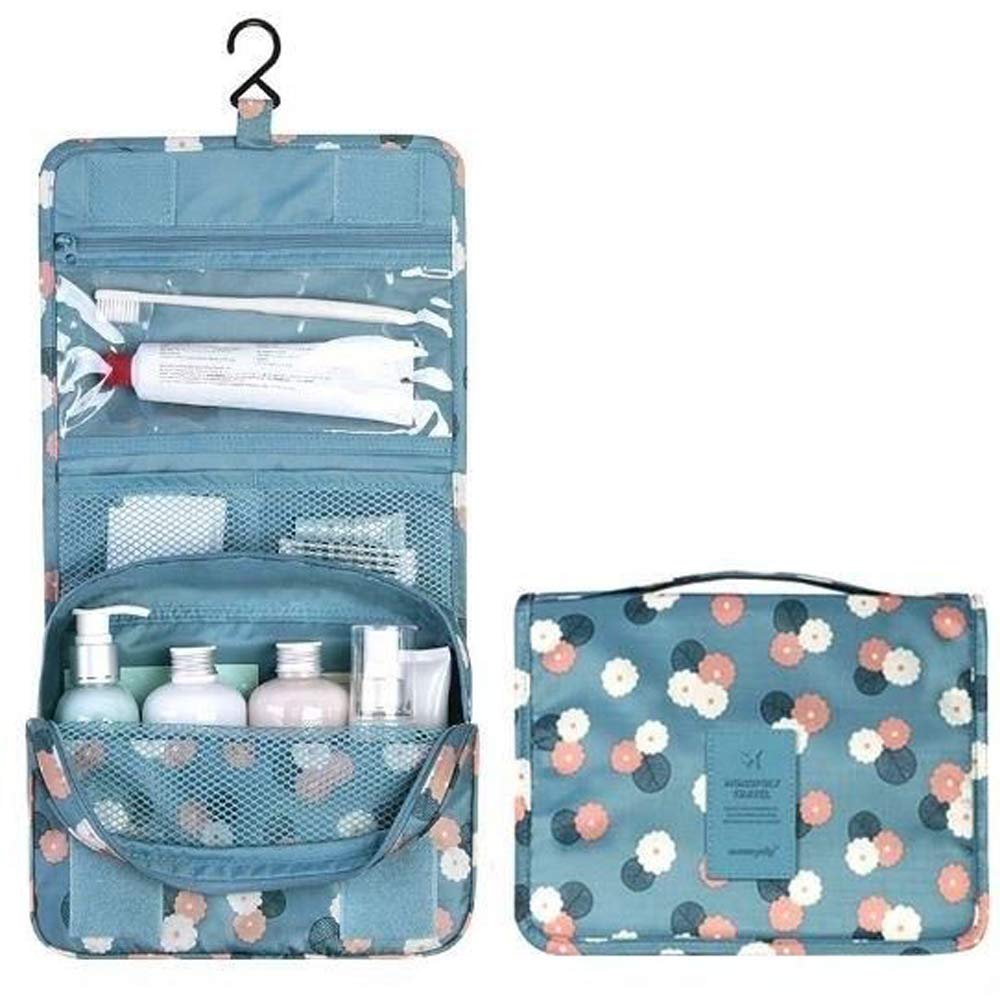 Portable Waterproof Travel Makeup Kit Organizer Bathroom Storage Cosmetic Bag Carry Case Toiletry Bag with Hanging Hook, Blue Flowers