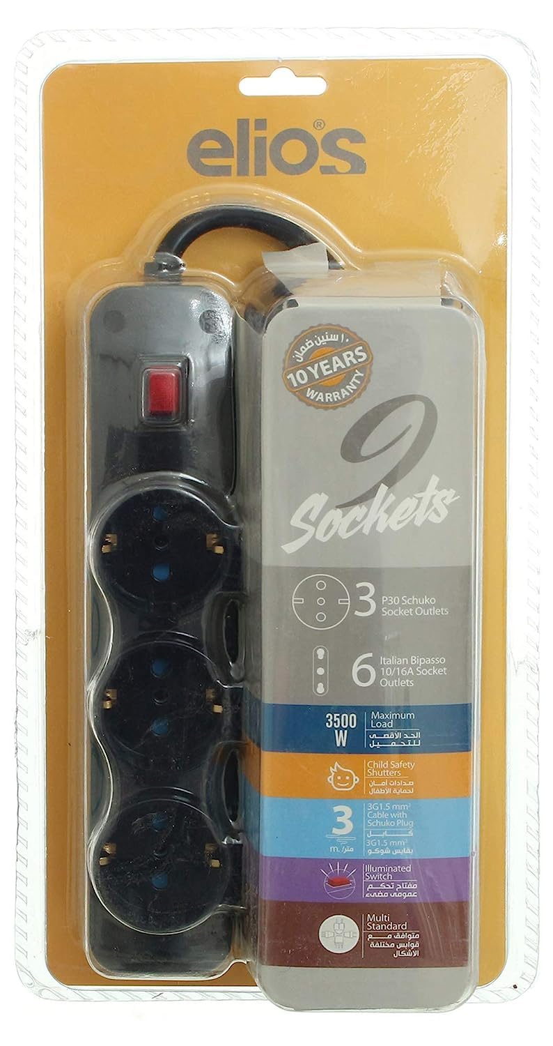 Elios POWER STRIP EXTENSION BOARD 9 Sockets 16 AMP, 3500 W, Child Safety Socket Cover, Cord 3 M- Black