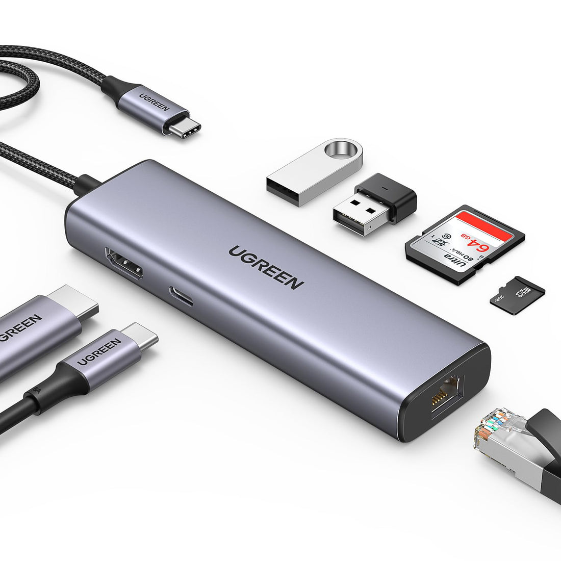 UGREEN 7-in-1 USB C Hub 4K HDMI Multiport Adapter with 1Gbps Ethernet, 100W PD Delivery, 2 USB 3.0, SD/TF Card Reader, USB C Dongle Compatible for MacBook and all Laptop (90568)