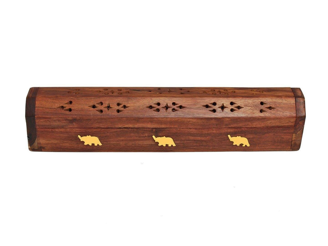 Beautiful Handmade Wooden Incense Stick Holder with Elephant Motif Brass Inlay (Brown)