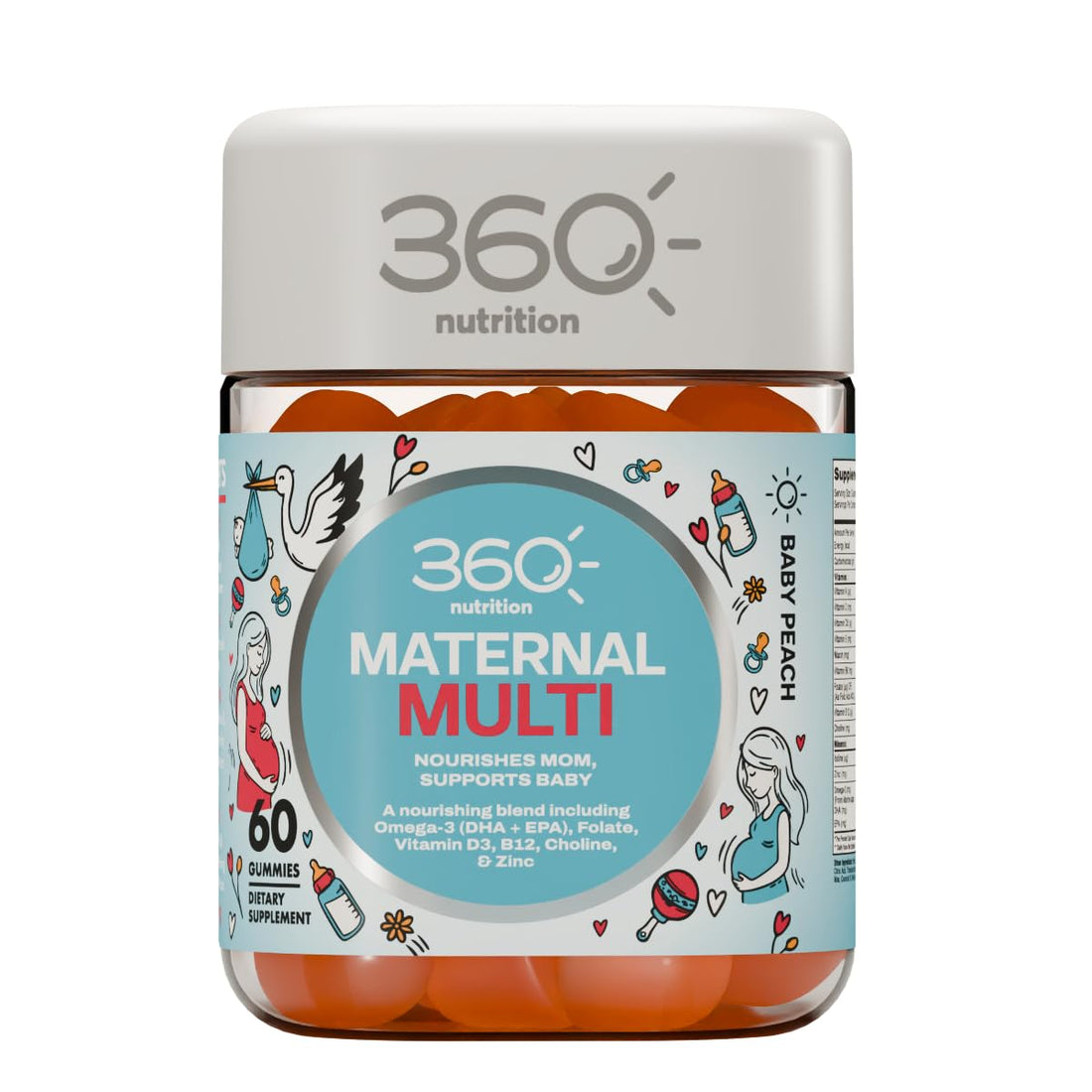 360 Nutrition Prenatal Multivitamin Gummies – Maternal Support with Folate, DHA, Choline, Vitamins D & B12 – Pregnancy & Prenatal Nutrition – Peach Vanilla Flavor – 60 Gummies