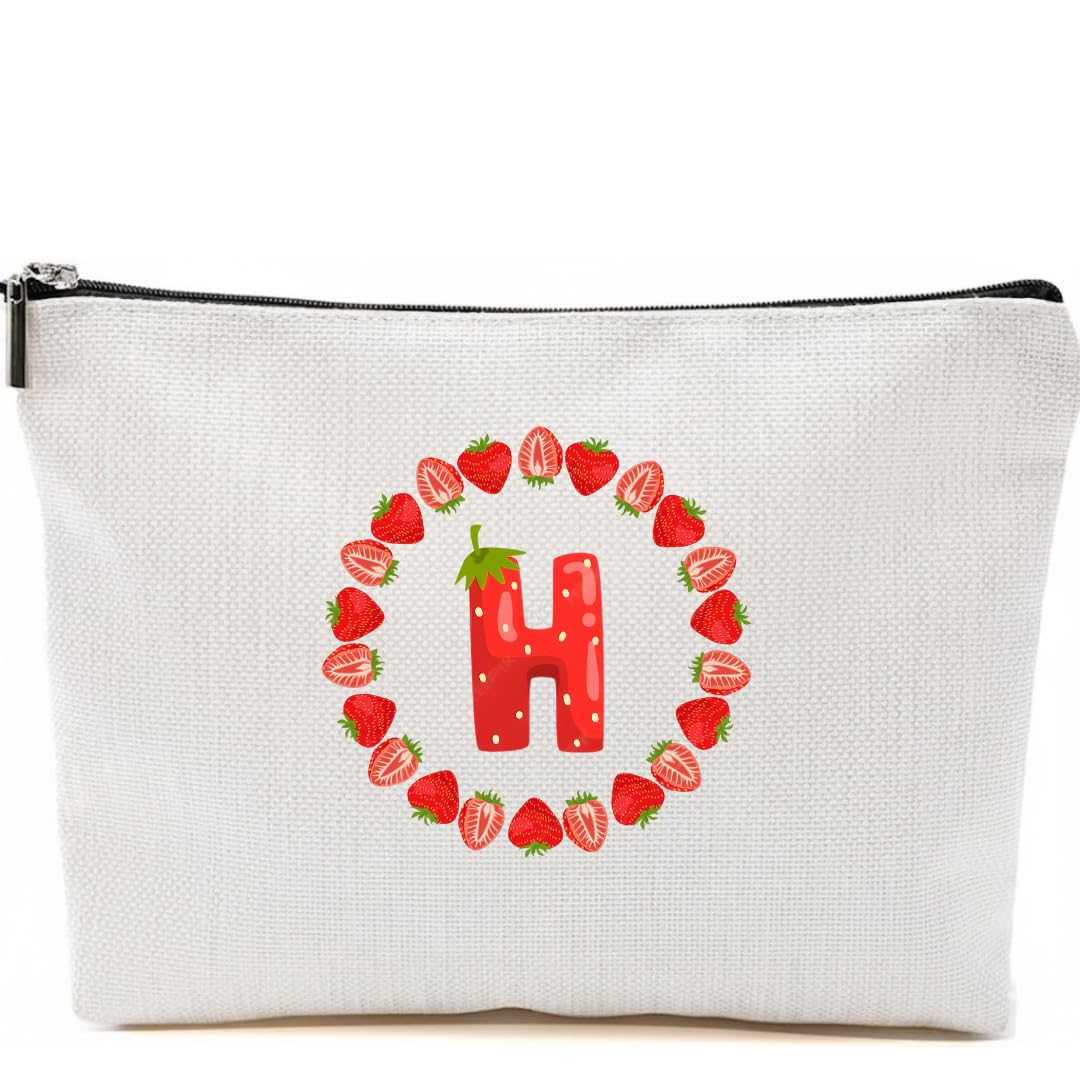 Personalized Initial Letter Makeup Bag or Pencil Case, Strawbery Initial Cosmetic Bag with Zipper Birthday Gifts for Women Girls, KIDS, Strawbery Letters (H)