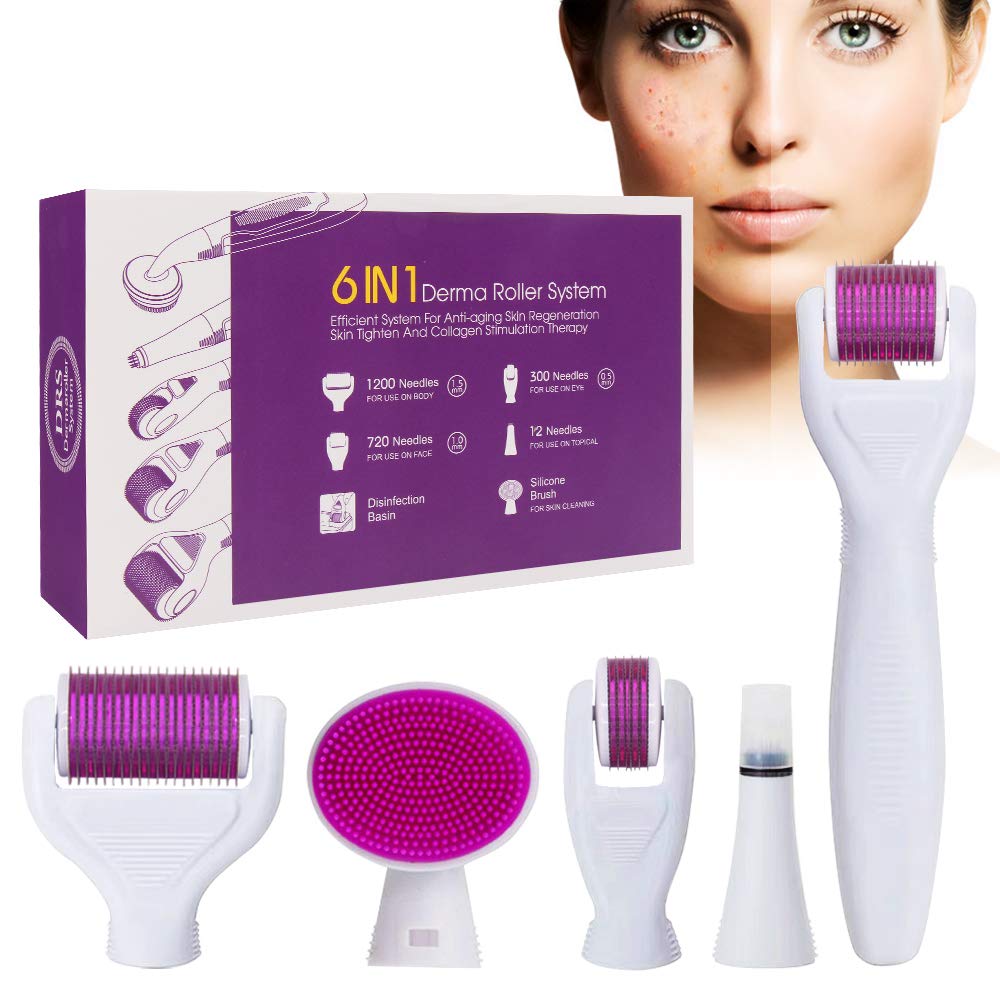 Derma Roller, Derma Roller Kit 6 in 1 Microneedle Roller, Micro needling System for Face, Under Eyes and Body, for Skin Regeneration, Anti Ageing, Wrinkles, Cellulite, Acne Spot