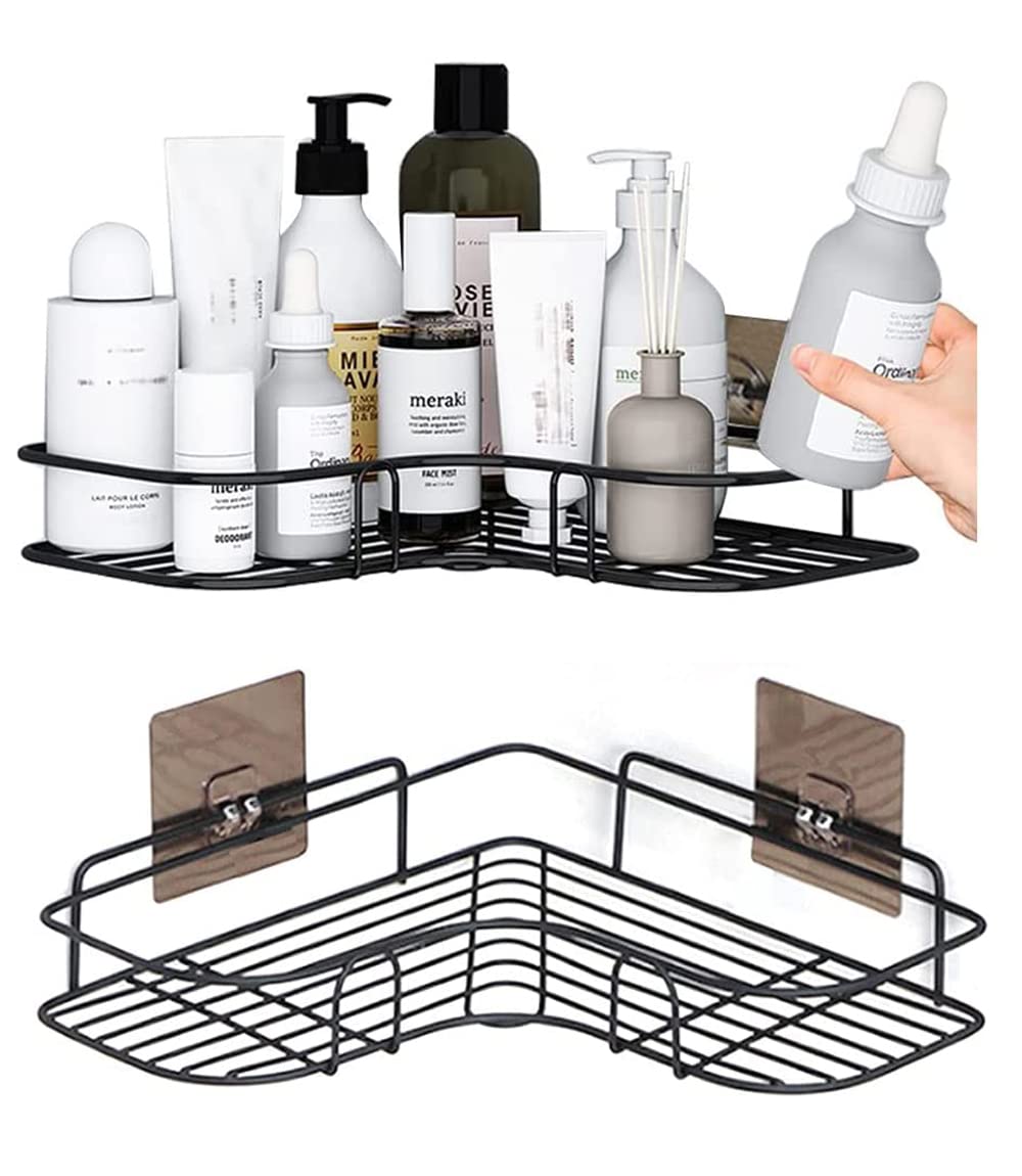SKY-TOUCH 2PCS Corner Shower Shelves,Self Adhesive No Drilling Wall Mounted Shower Storage Shelf Organizer for your Bathroom, Kitchen and Toilet,Iron art,Black