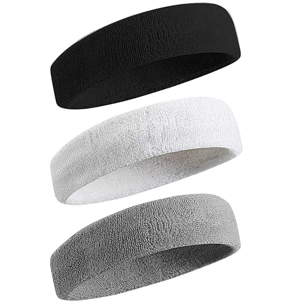 KASTWAVE Sports Headband for Men & Women - Moisture Wicking Athletic Cotton Terry Cloth Sweatband for Tennis, Basketball, Running, Gym, Working Out(3 Pack), Black White gray, One Size