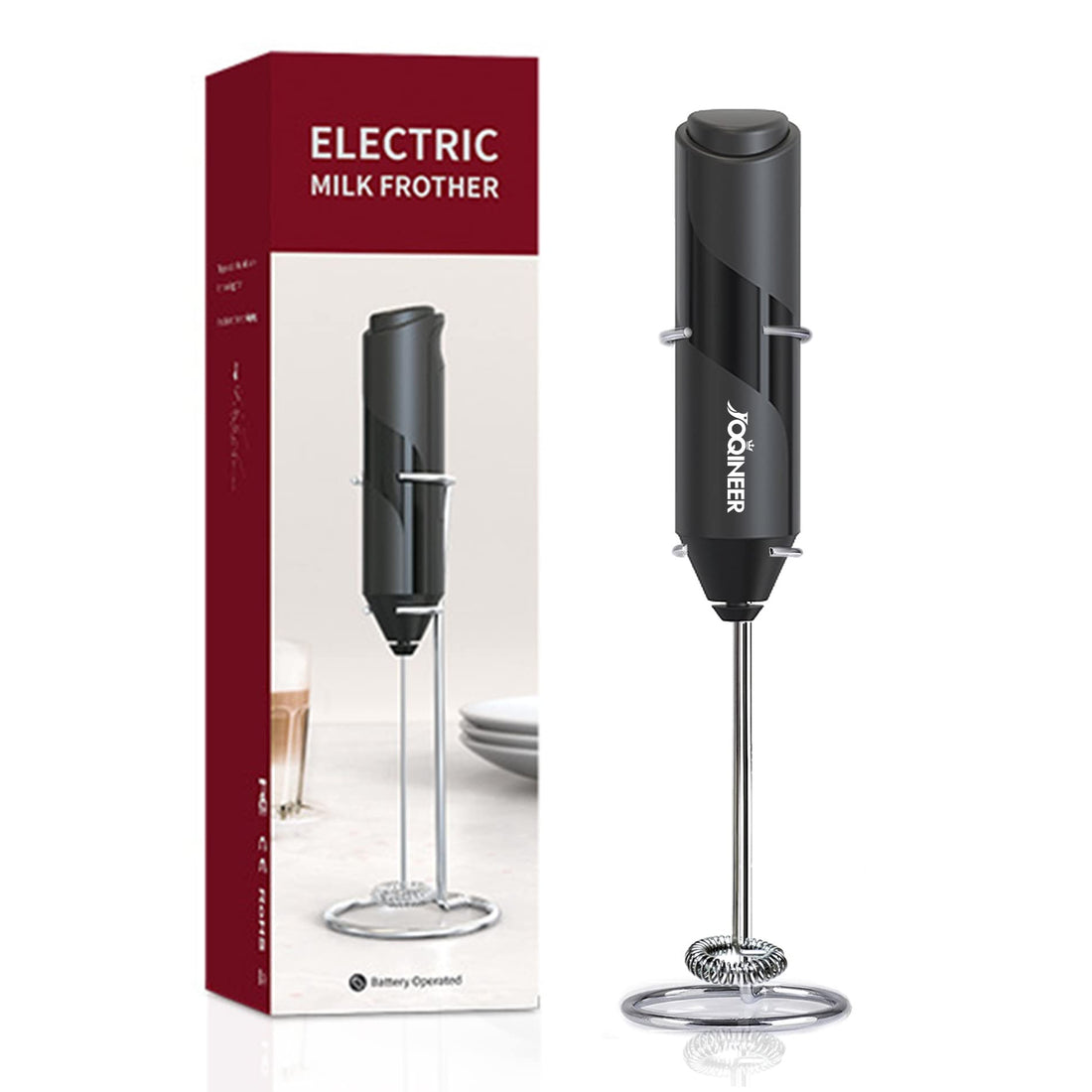 Frother Handheld Battery Operated Electric Whisk Beater Foam Maker for Coffee, Latte, Cappuccino, Hot Chocolate, Durable Mini Drink Mixer with Stainless Steel Stand Included