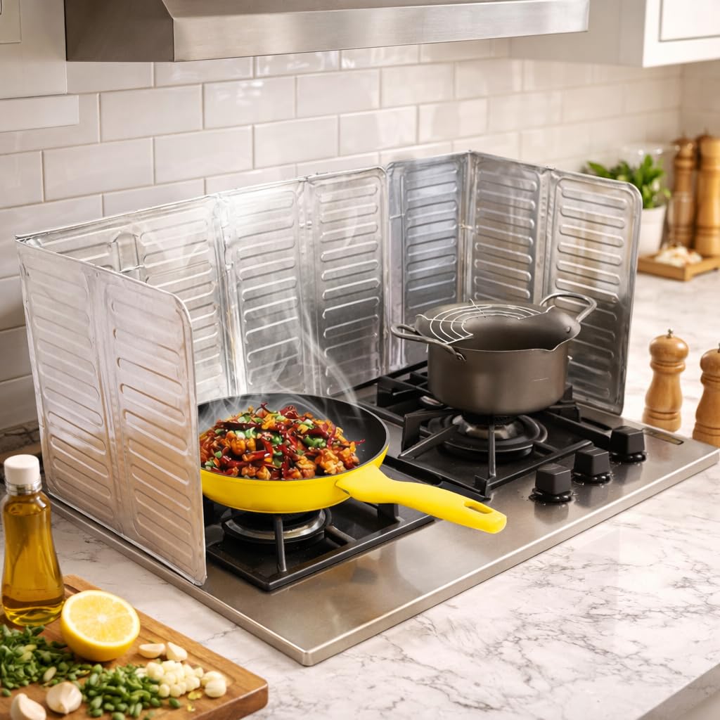 OVA Oil Splash Guard Aluminum Foil Gas Stove Shield Oil Splatter Screen for Kitchen Cooking, Foldable Stove Guard Protector for Frying, Grease Shield Panel for Easy Cleaning