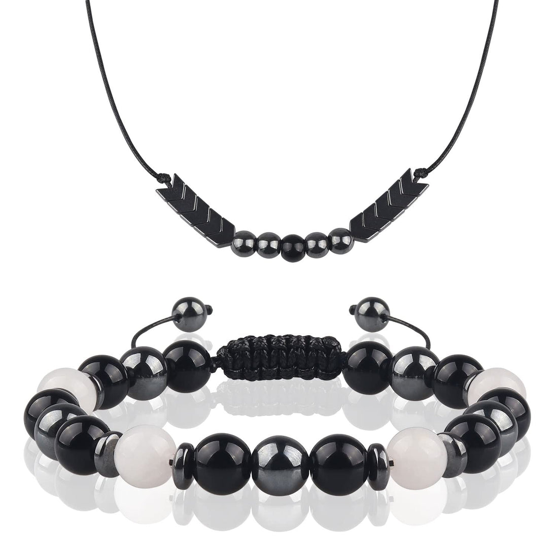 Triple Protection Bracelet- For Maximum Lucky Money Wealth,Healing and Wealth Building,Energy Healing Bracelet Relief Hematite Bracelet Set for Men Women (White jade + obsidian + hematite)