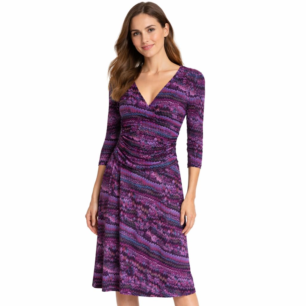 Women’s V-Neck Printed Midi Dress – Soft Viscose Fabric, Long Sleeve Wrap Style, Knee Length Casual & Elegant Dress – Size S (Thomas & Splendor)