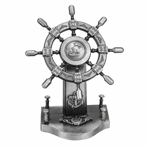 Vintage Ship Wheel Decorative Figurine – Nautical Steering Wheel Statue with Anchor Base, Antique Gold Marine Decor for Home & Office (Antique Silver)