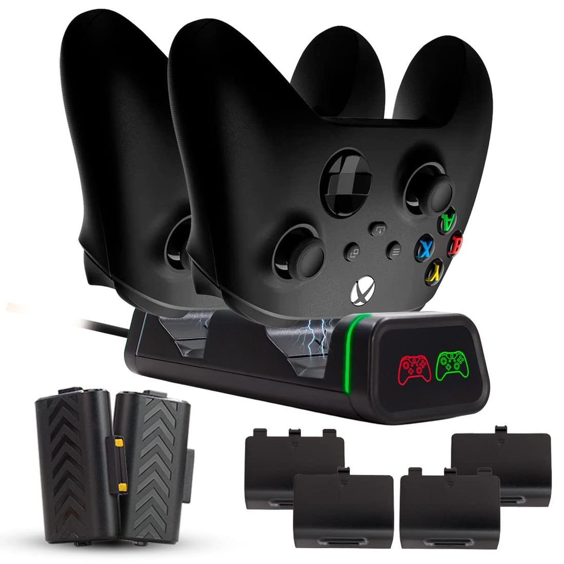 Dual Charger w/Led Compatible with Xbox Series Controller or Xbox One W/2 Batteries + 4 Caps