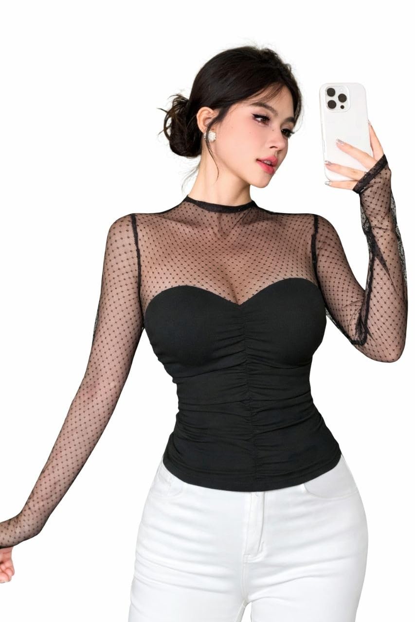 SHEIN-DAZY Women's Polka Dot Mesh Patchwork Long Sleeve T-Shirt
