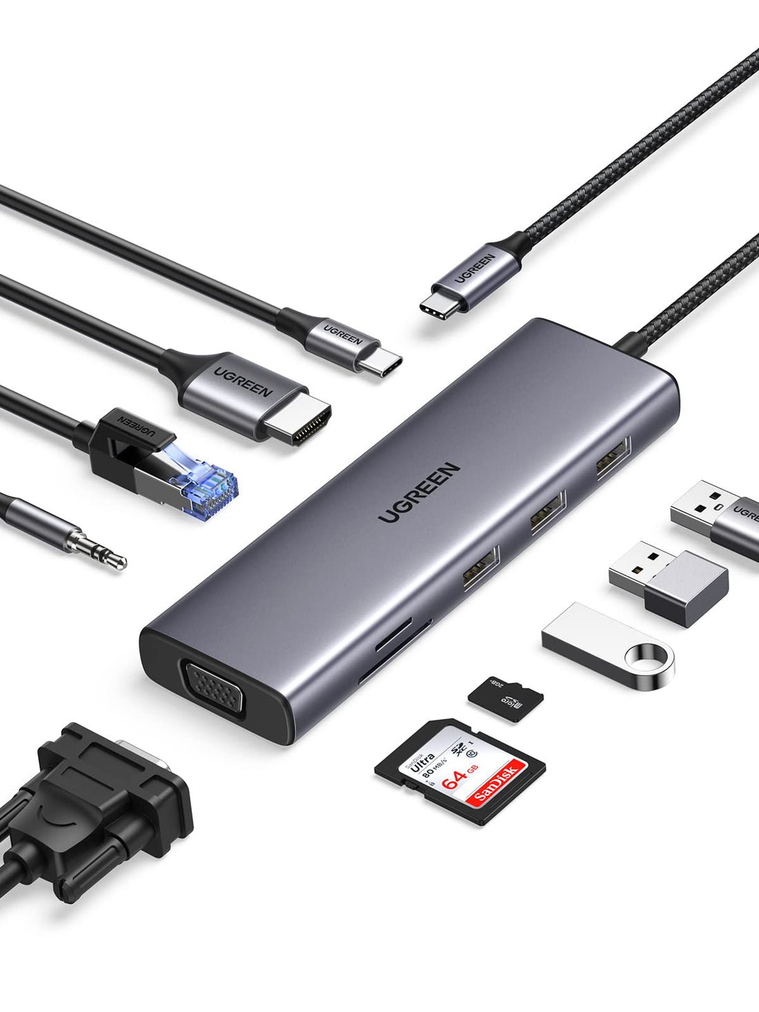 UGREEN USB Hub Type-C 10 in 1 Dongle With 4K HDMI & VGA Grey
