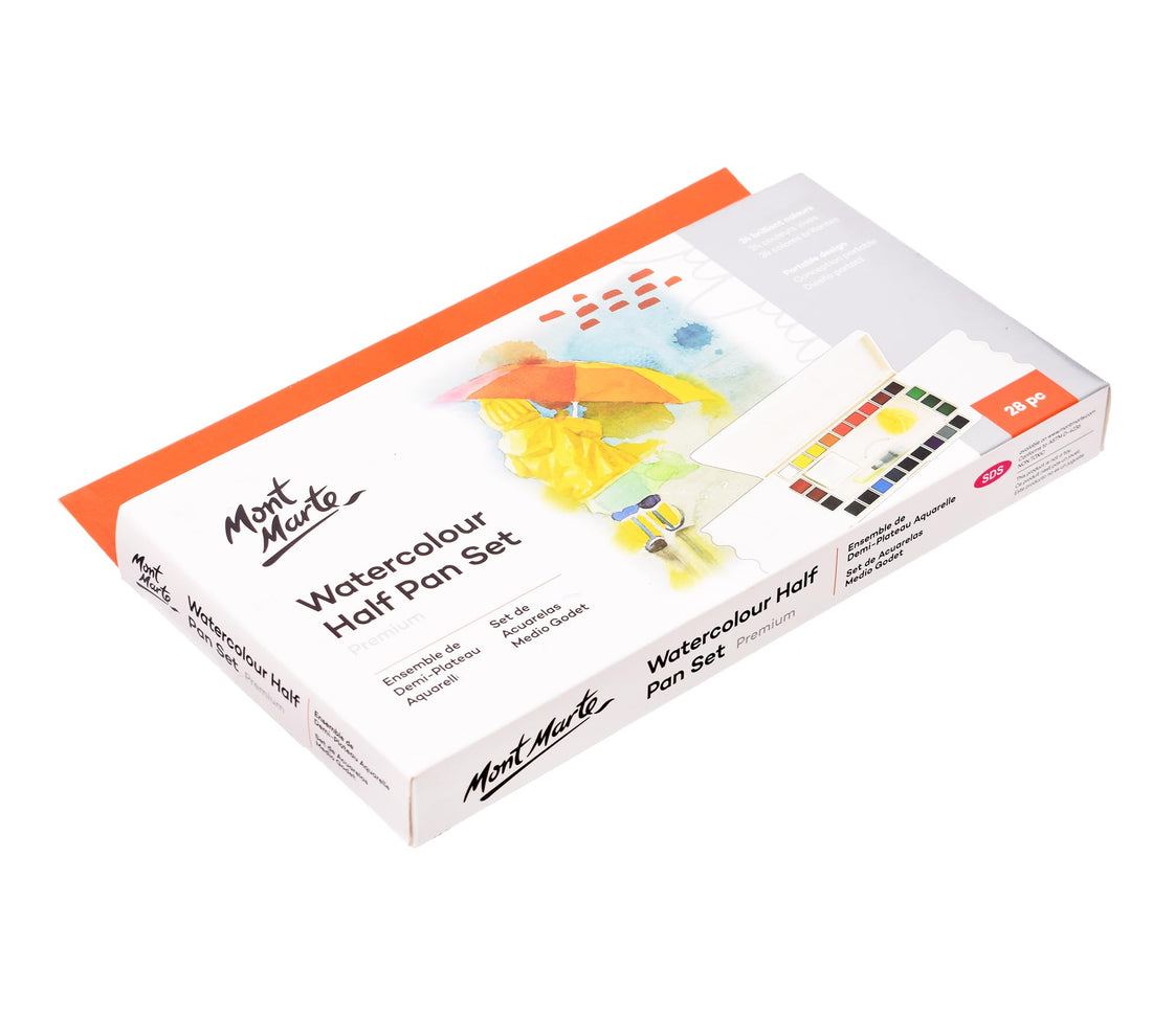 Mont Marte Watercolor Paint Set, 27 Pieces Includes 24 Watercolor Palettes, Built-in Mixing Bowls, Water Brush, Ceramic Dish and Natural Sponge, Multicolor