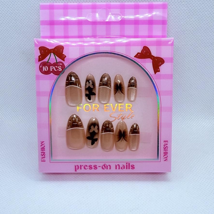 Premium Cat Eye Almond Press On Nails with Nail Art – Glossy Magnetic Reusable Fake Nails for Women – Salon Style Manicure – 12 Trendy Designs (Brown & Butterflies)