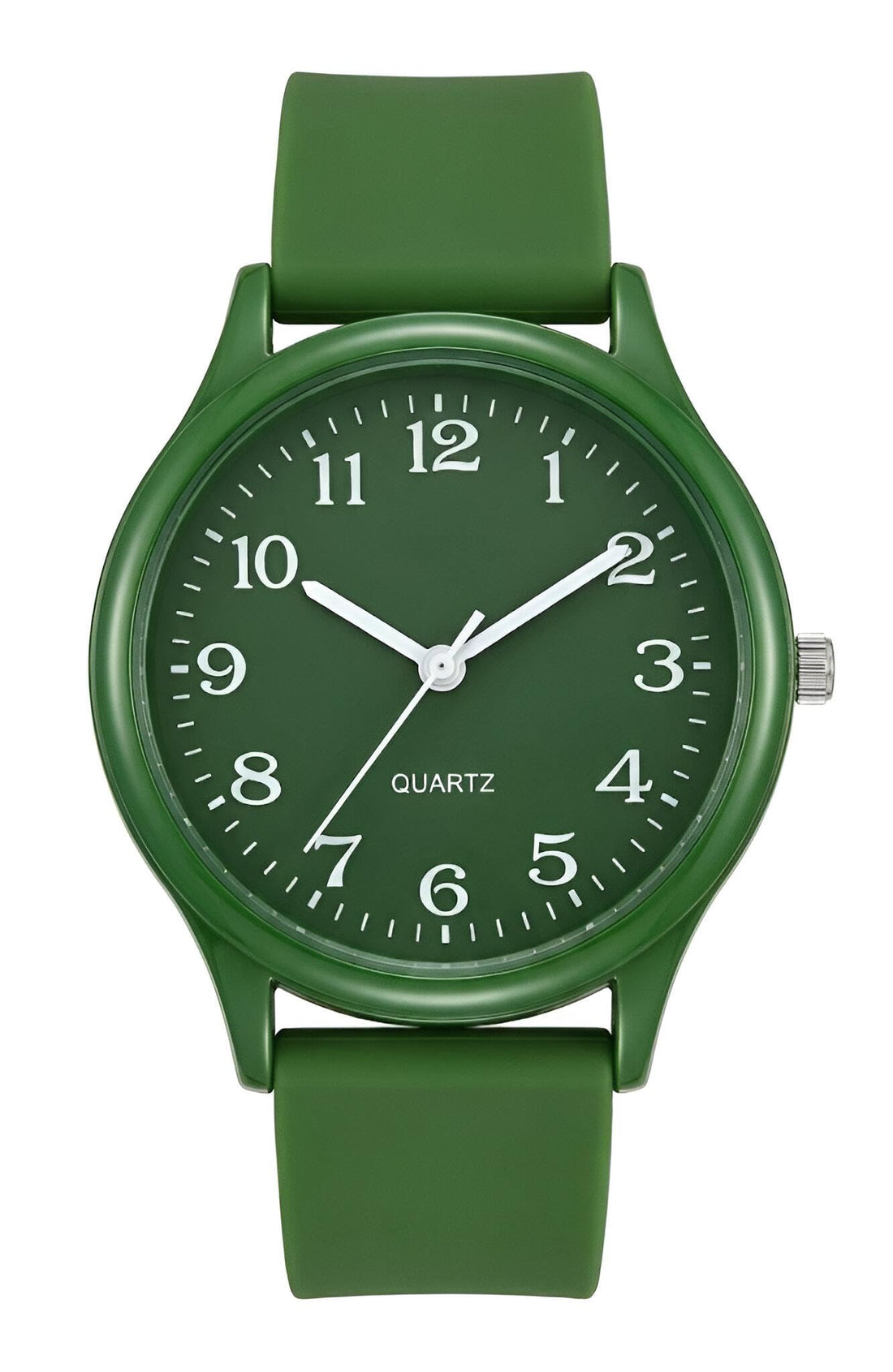 Analog quartz watch with stylish design, clear silicone Brit, fashionable 14 colors, bold clear numbers, light waterproof body, ideal for school activities and weekly trips.