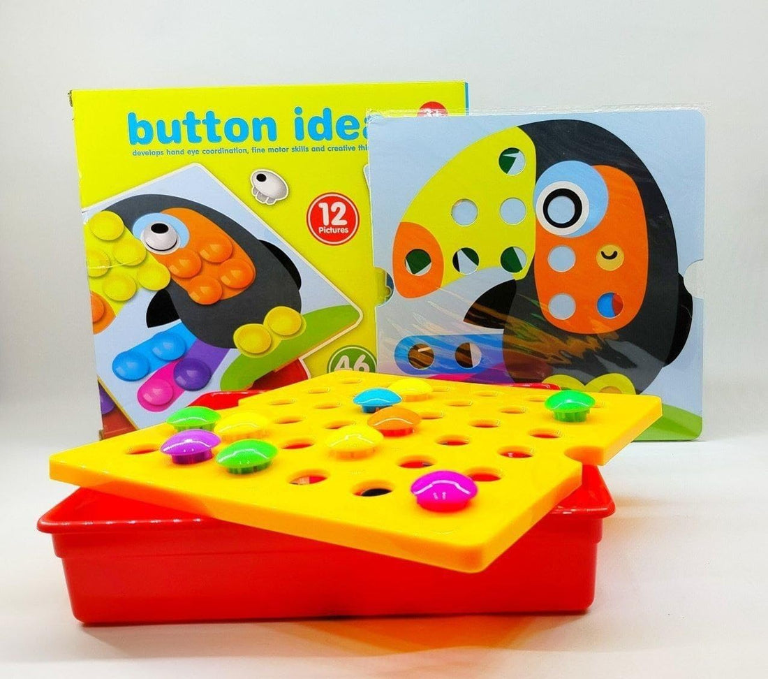 button idea Mnamino Store Educational Skills Development Toy with Colorful Buttons, 46 Buttons and 12 Design Cards, Ages 3+ (Peacock)