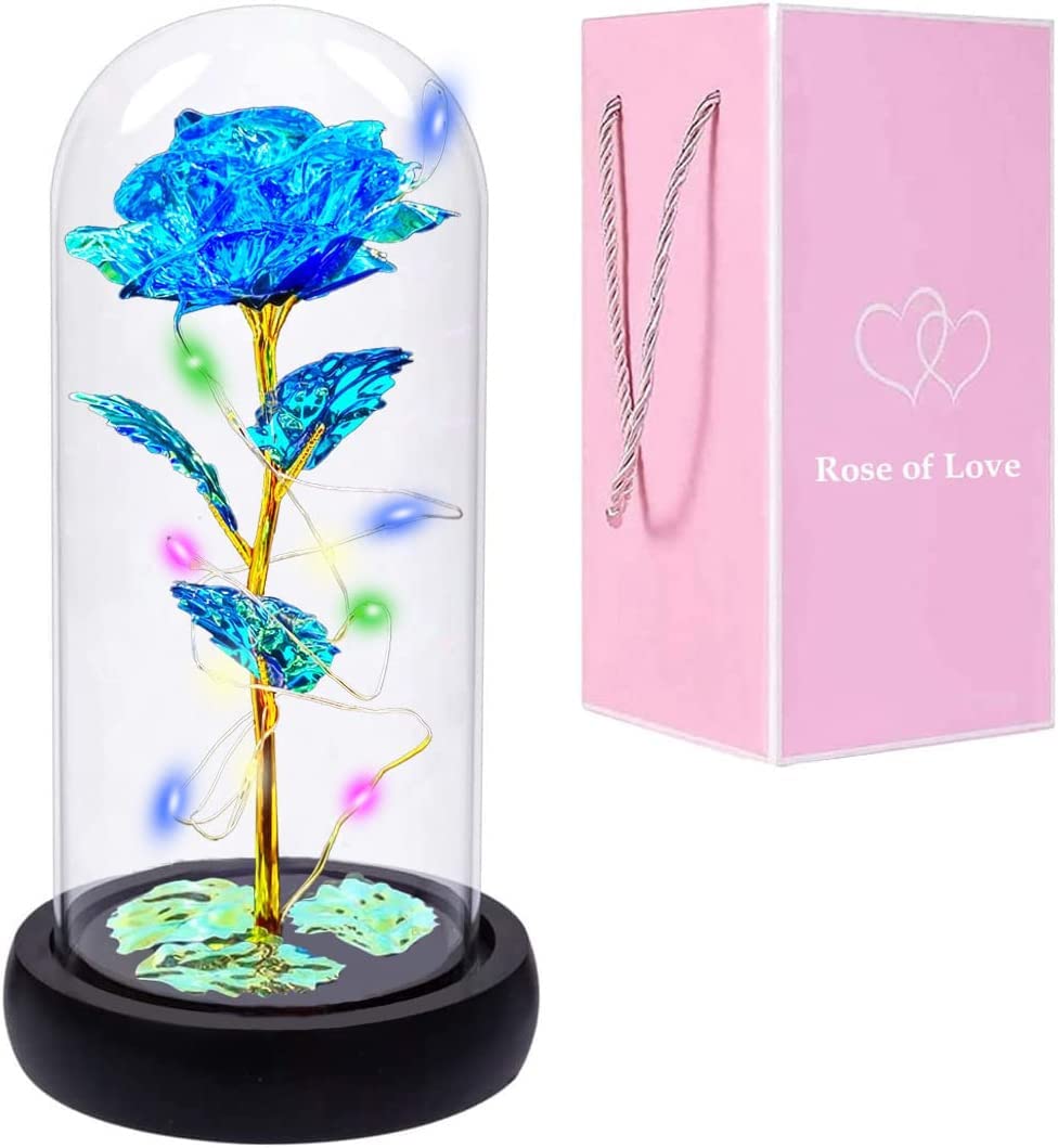 AUSAYE Blue Rose Gift for Her, Women Romantic Valentine Gifts for Wife Galaxy Led Rose in Glass Dome,Women Gifts Ideas for Valentine's Day Mother's Day,Thanksgiving Day,Birthday,Anniversary