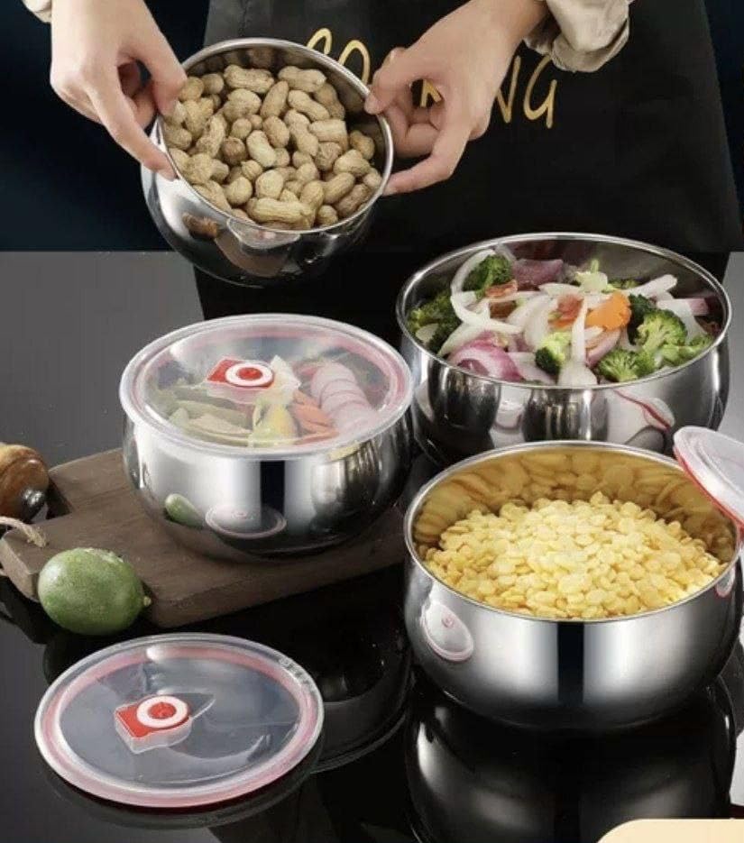 Modern Minimalist Stainless Steel Food Storage Containers 3 Drum 3 Crisper 14/16/18cm Rectangular with Rounded Corners Snap Closure Silver