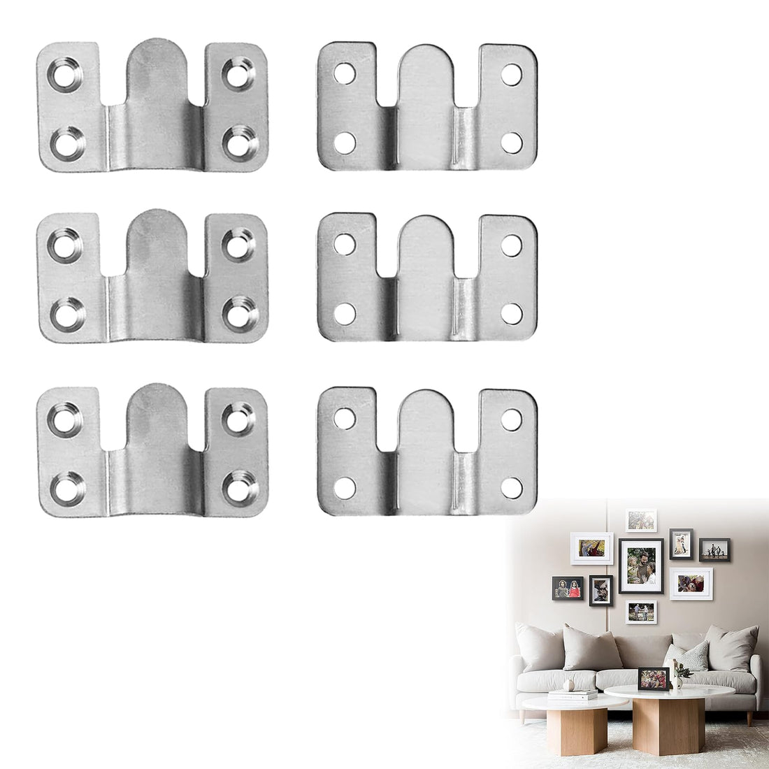 Picture Frame Hanger, Heavy Duty, Interlocking Picture Hanger, Flush-Mounted Concealed Bracket, Stainless Steel, Picture Frame Hanger, Stainless Steel Furniture Connector Hooks for Picture Frames, 6