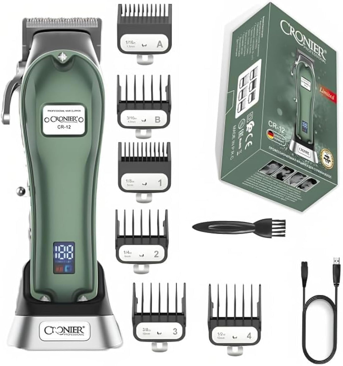Hair Clipper & Trimmer, Stainless Steel Blades with 6 Combs, Hair Shaver with LCD Display for Men, Precision Grooming, Salon-Quality, Low Noise, CR-12 (Green)