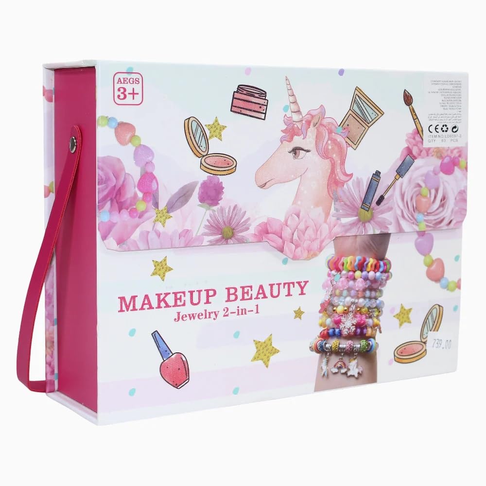 Unicorn Makeup Beauty Jewellery Set for Girls, 2-in-1 Box with Castle Design, Pink