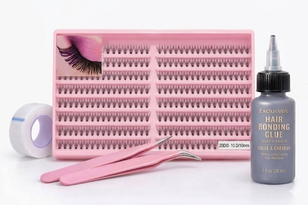 20D Cluster Lashes Kit 10mm – Individual Volume Eyelash Extensions with Bonding Glue, Eyelash Tape Roll & 2-in-1 Tweezers, Natural Soft Look, Easy Apply Lash Set for Salon & Home Use