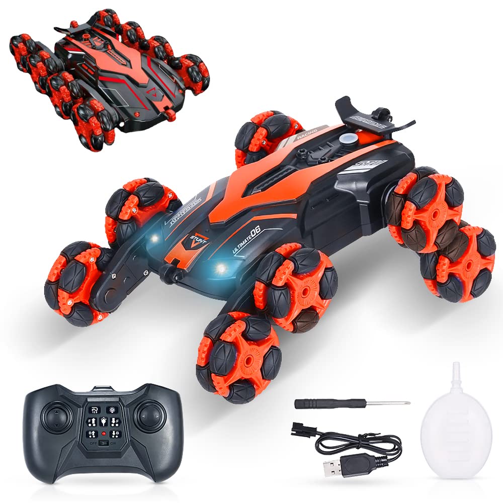 GoolRC RC Cars Stunt Car Remote Control, 2.4GHz RC Drift with 360° Rotating, Swivel Arm, One-Click Demo, Light and Spray, Outdoor Indoor Toy Gift for Boys/Girls (Red)