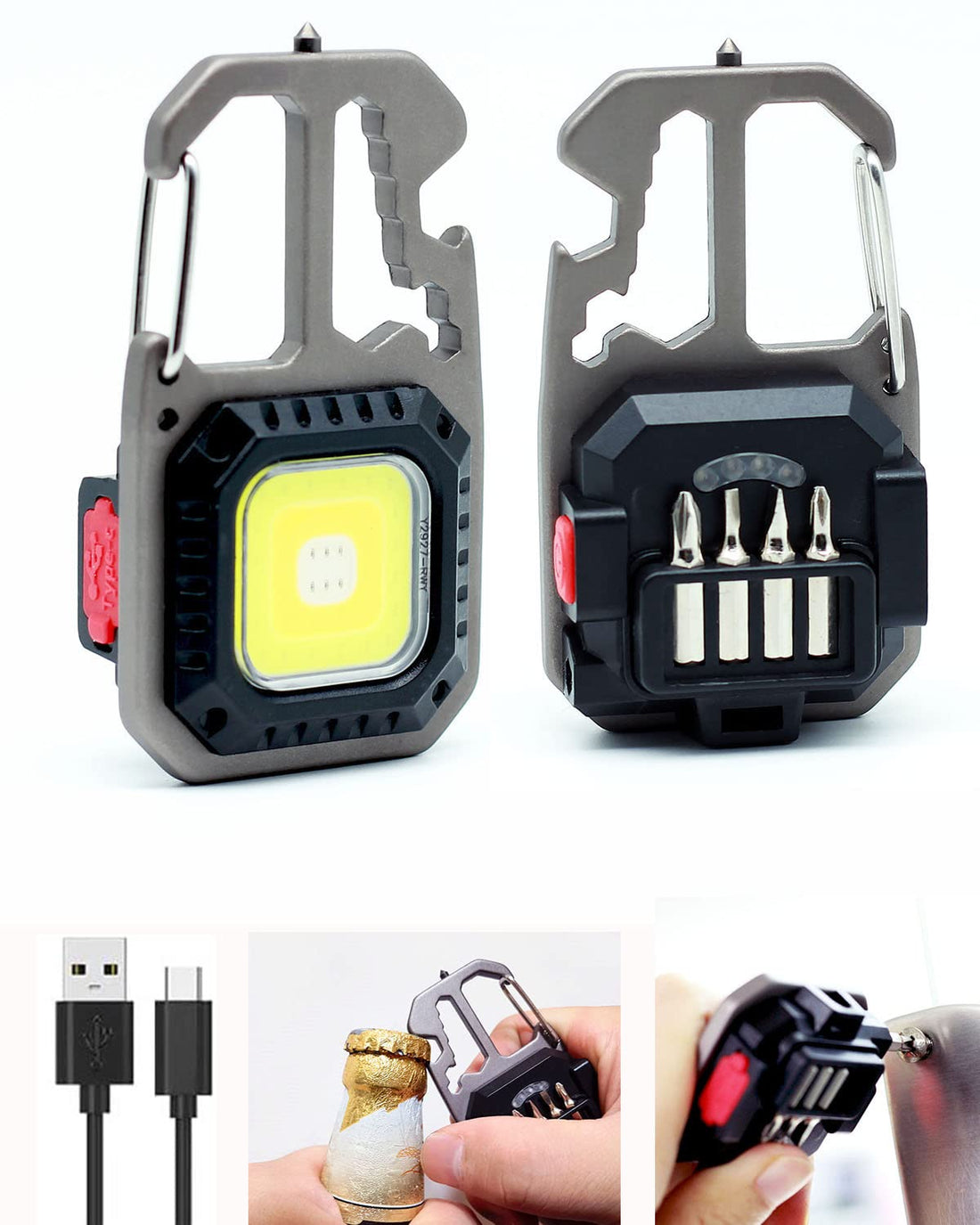 6-Light-Mode Mini COB Work Light, Rechargeable High Lumens LED Keychain Light for Camping, Multifunctional USB Pocket Magnetic COB Flashlight with Bottle Opener, Screwdriver, Wrench, Window Hammer