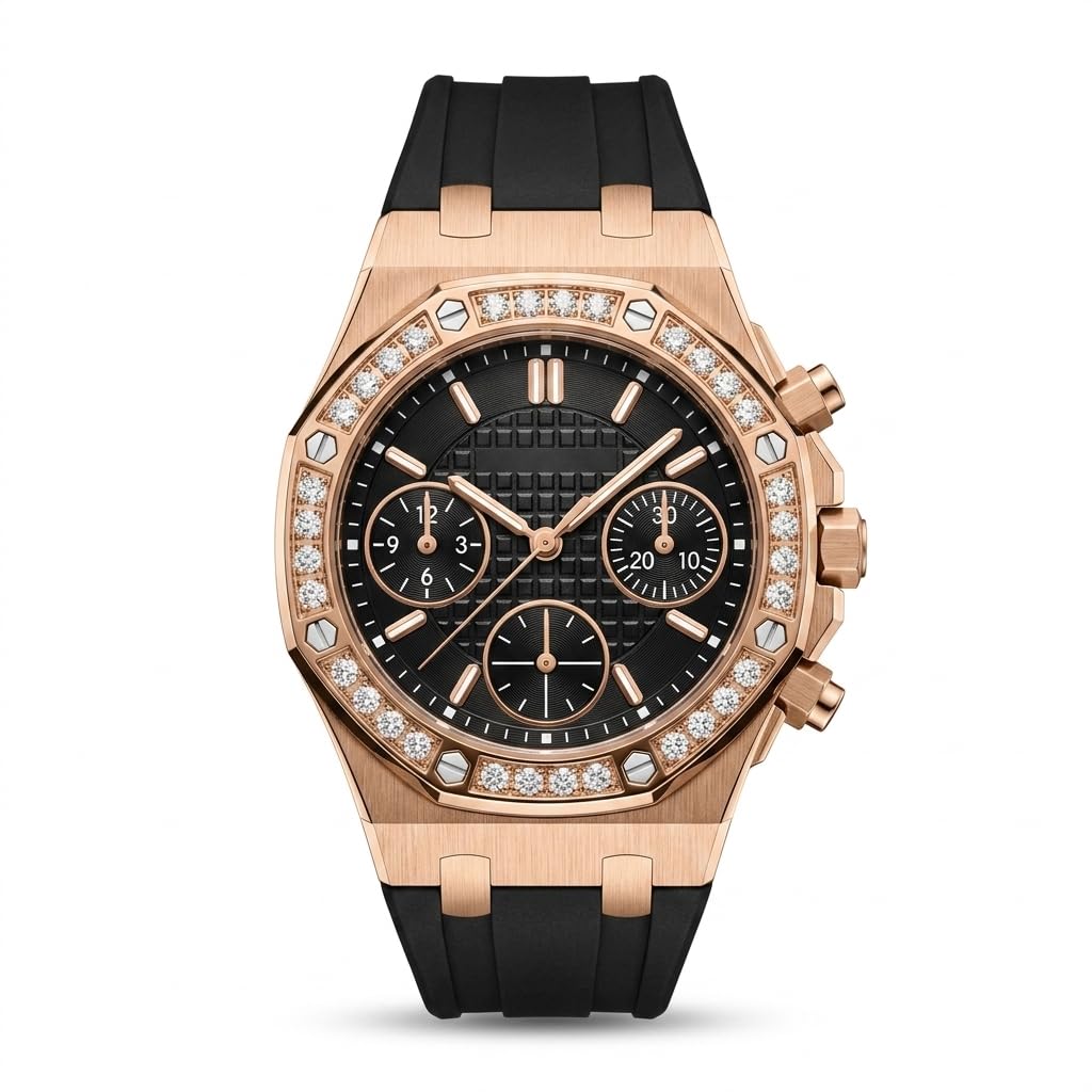 Luxury Women's Chronograph Watch, Rose Gold Case, Crystal Accented Bezel, Silicone Strap, Geometric Dial