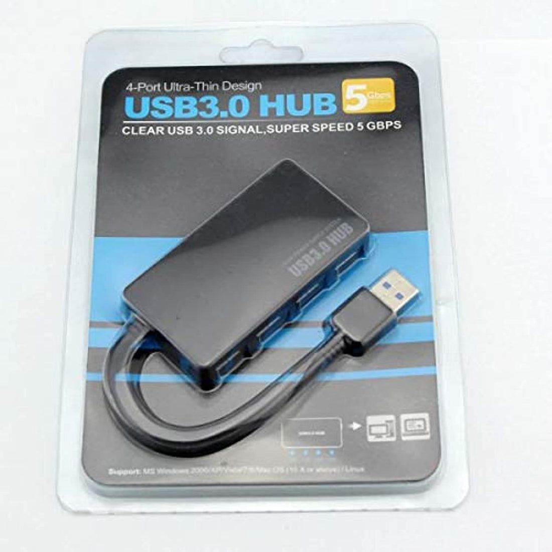 4-Port USB3.0 Hub 5Gbps Speed Portable Compact Adapter For PC Mac Desktop Laptop Black