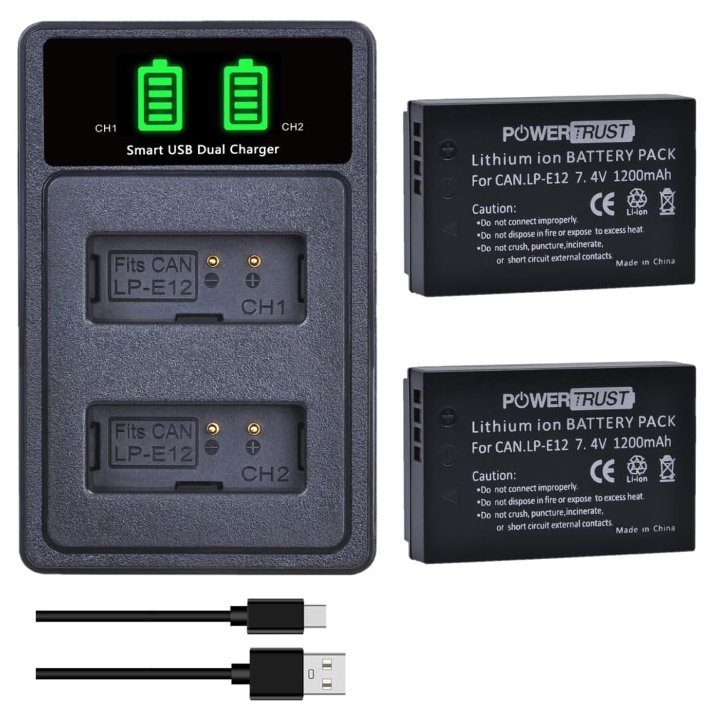 LP-E12 Batteries and Type-C Charger for Canon EOS M 50, M50 Mark II, 100D, EOS M, EOS M2, EOS M10, EOS M100, PowerShot SX70 HS, Rebel SL1, Kiss X7 Pack of 2