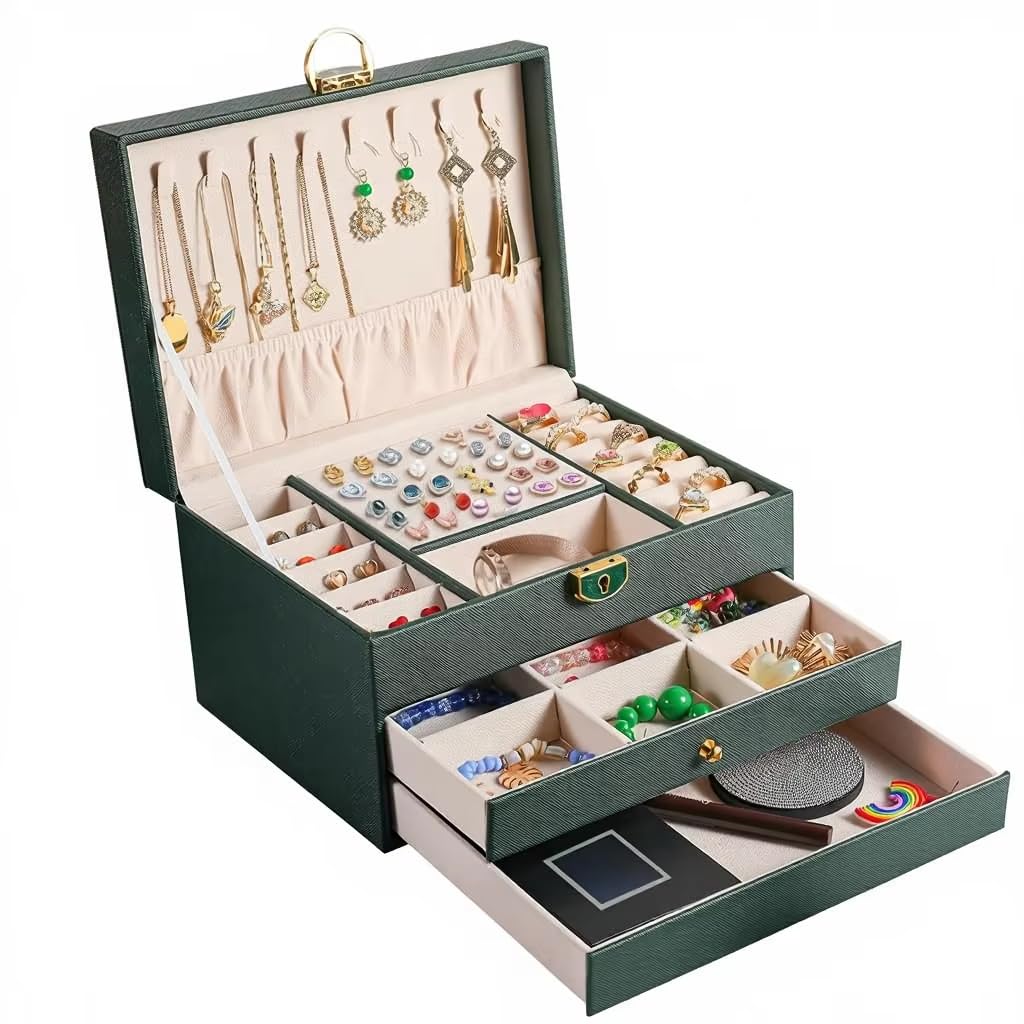 TECHZONE 3‑Layer Lockable Jewelry Organizer Box 2‑Drawer – Velvet Drawer Storage Case for Women & Accessories (Green)