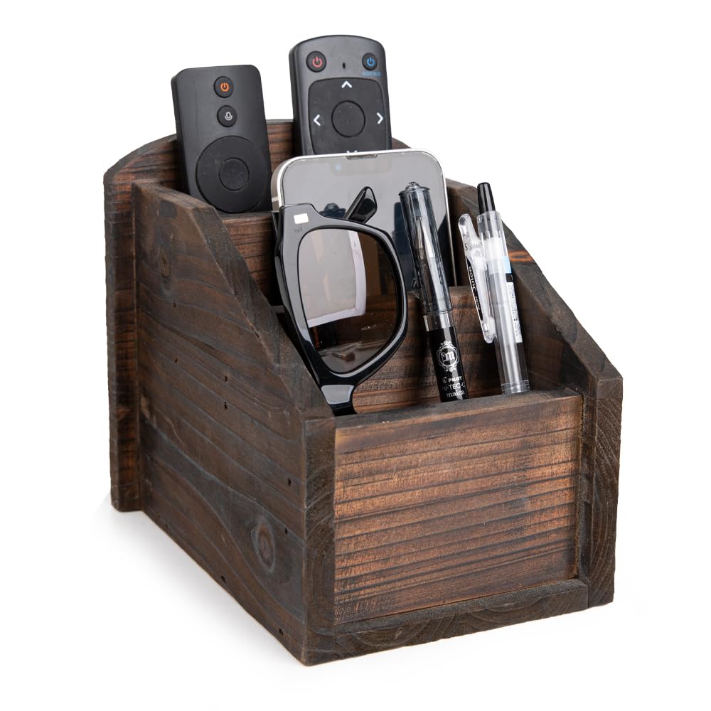 BARGIFTS Rustic Wood Remote Control Caddy, 3 Slot Office Supply Storage Rack Desktop Organizer TV Remote Caddy (brown)