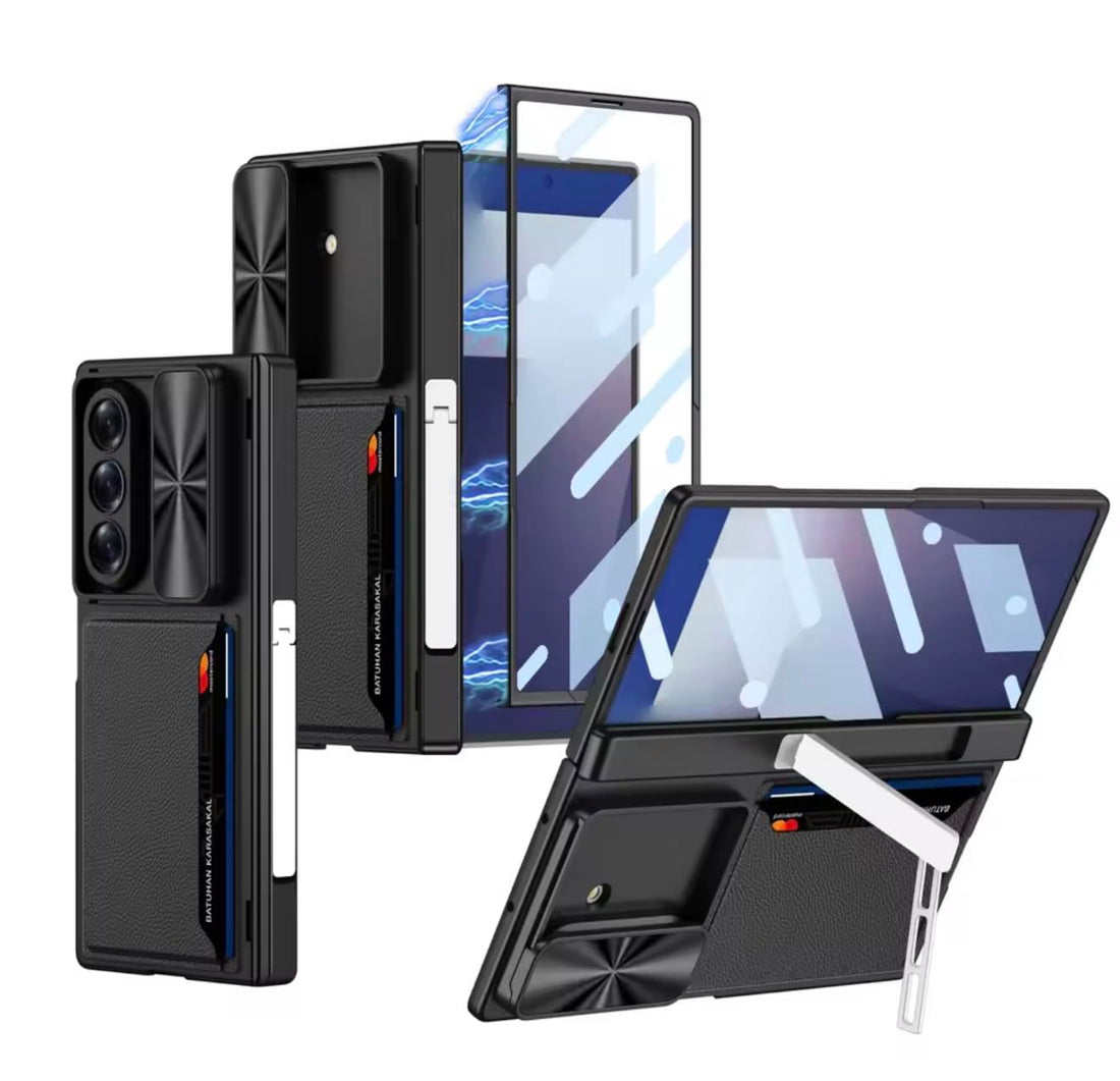 Fekra Luxury Case for Samsung Galaxy Z Fold 7 with Sliding Camera Cover, Wallet Card Holder, Folding Stand, TPU + PC Shockproof Case with Front Screen Protector (Cool Black)