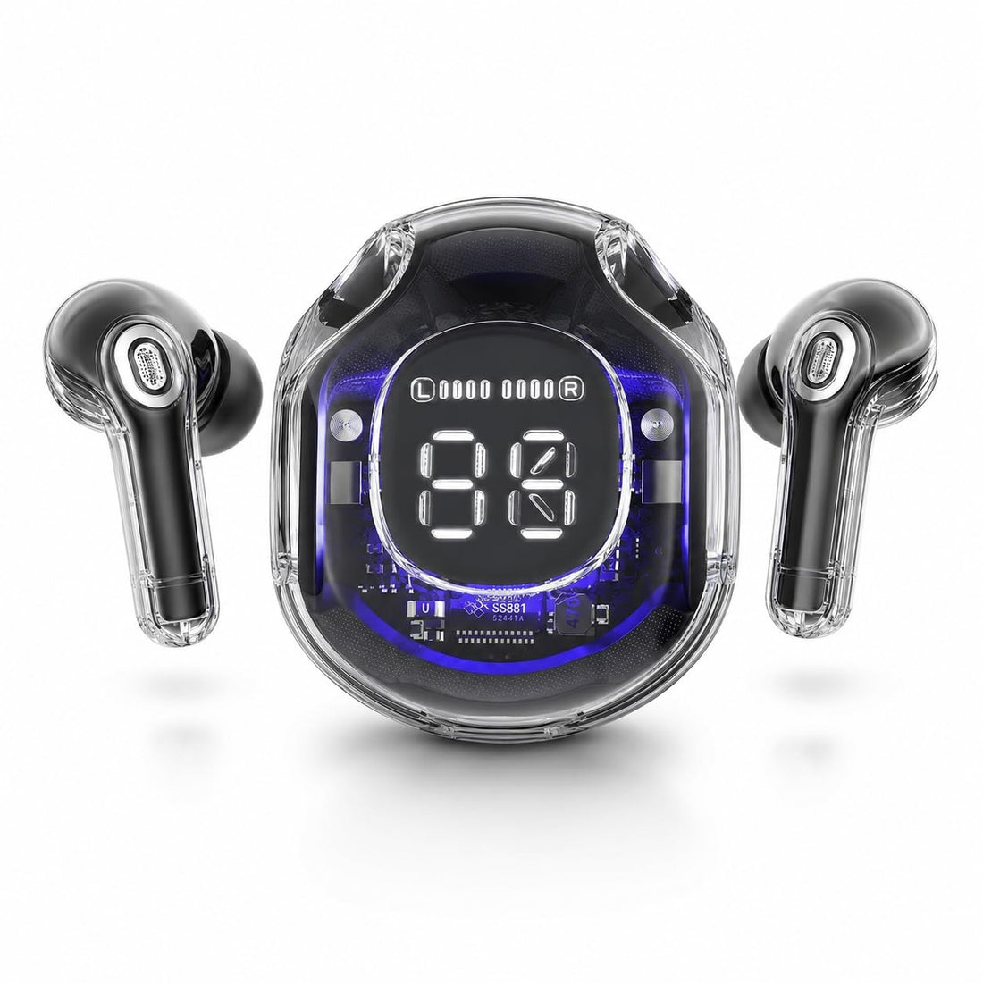 Wireless Earbuds Bluetooth 5.3, Clear Design, Noise Isolation, Built-in Microphone, Touch Control, RGB Light, Fast Charge, 30 Hours Battery (Black)