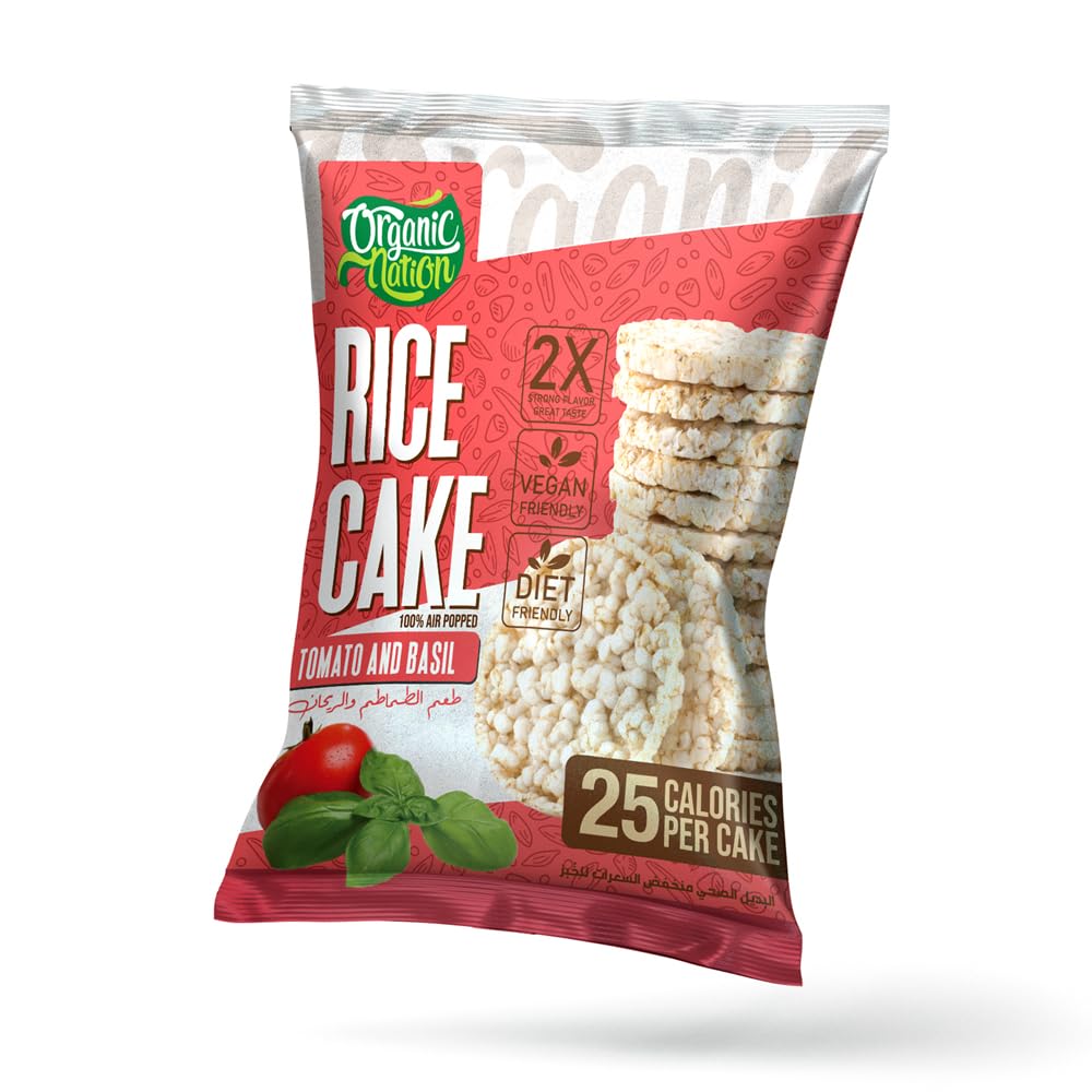 Organic Nation | Rice Cake | Crunchy | Organic Brown Rice | High Fiber | Easy Snack | Gluten Free | 19 Calories | 5 Rice Cakes | Tomato and Basil