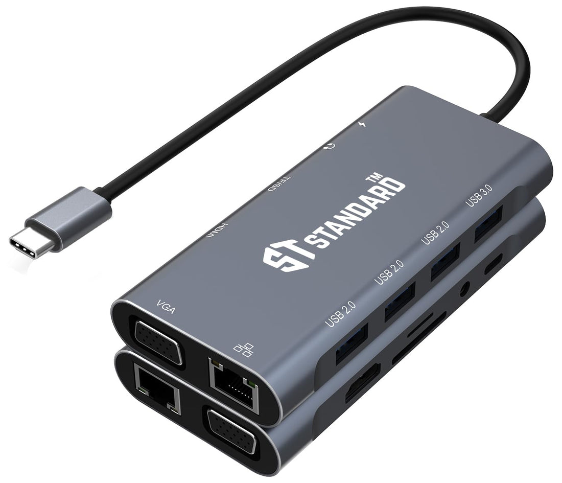 محطة توصيل ST-Standard 9591A+ USB-C Docking Station 11 في 1 – HDMI 4K وVGA 2K وRJ45 Gigabit وUSB 3.0 وقارئ SD/TF وشحن PD 100W – هاب Type-C متعدد المنافذ ضمان استبدال سنتين + صيانة 5 سنوات